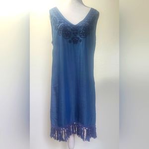 Blue embroidered boho dress with Fringe Sz Medium